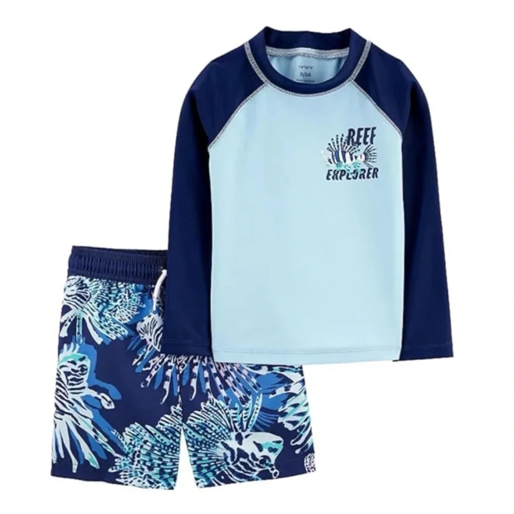 Carters Blue Reef Explorer 2-Piece Rashguard & Swim Trunks Set Toddler 4T